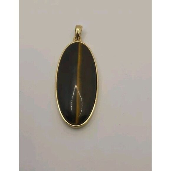 Tiger’s Eye Natural Stone Pendant Handmade Oval Shiny Gold Tone Setting - Picture 3 of 12